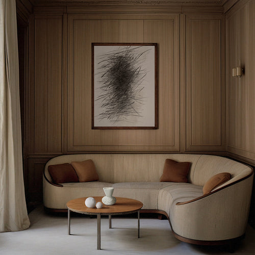 Lemieux et Cie Still Life Vase in speckled stoneware with unglazed finish, handmade ceramic vessel on wood table in wood-paneled sitting room.