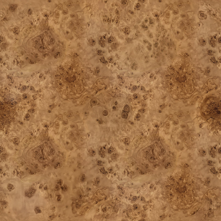 Lemieux et Cie Maison Mappa Burl Wood peel and stick wallpaper with warm blonde brown tones and swirling organic grain, perfect for offices and libraries.