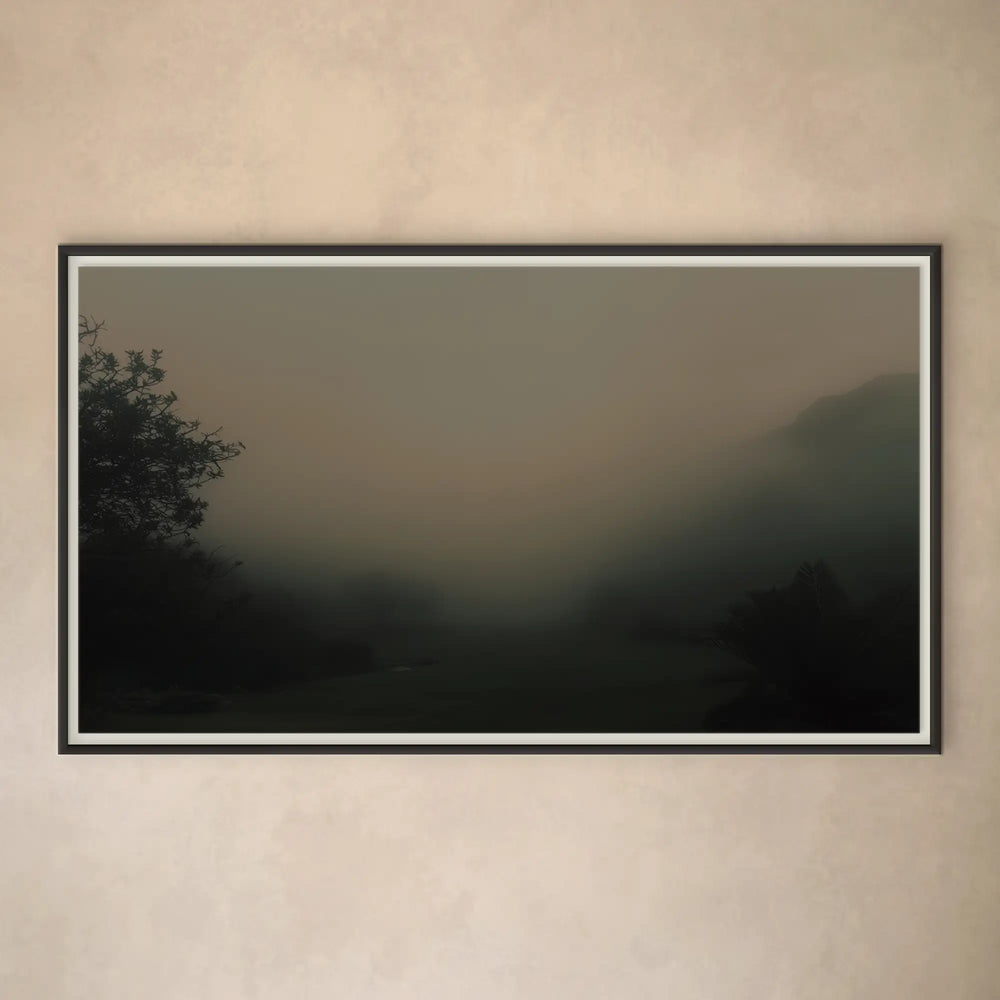 Lemieux et Cie Nara Limited Edition Art Photograph, framed landscape in muted tones showing misty forest, hung on neutral plaster wall.