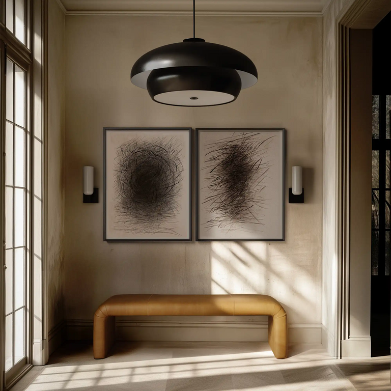 Lemieux et cie Nadia bench in leather Cleor sconce solene pendant and Le fourre artwork series. Modern interior with Maroux wall sconce leather bench, and abstract wall art.