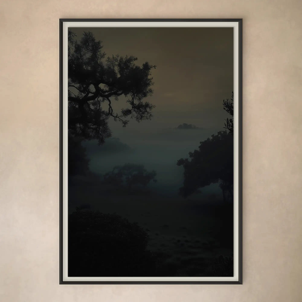 Lemieux et Cie Otaru Limited Edition Art Photograph, atmospheric landscape in muted tones with silhouetted trees, framed print on neutral plaster wall.