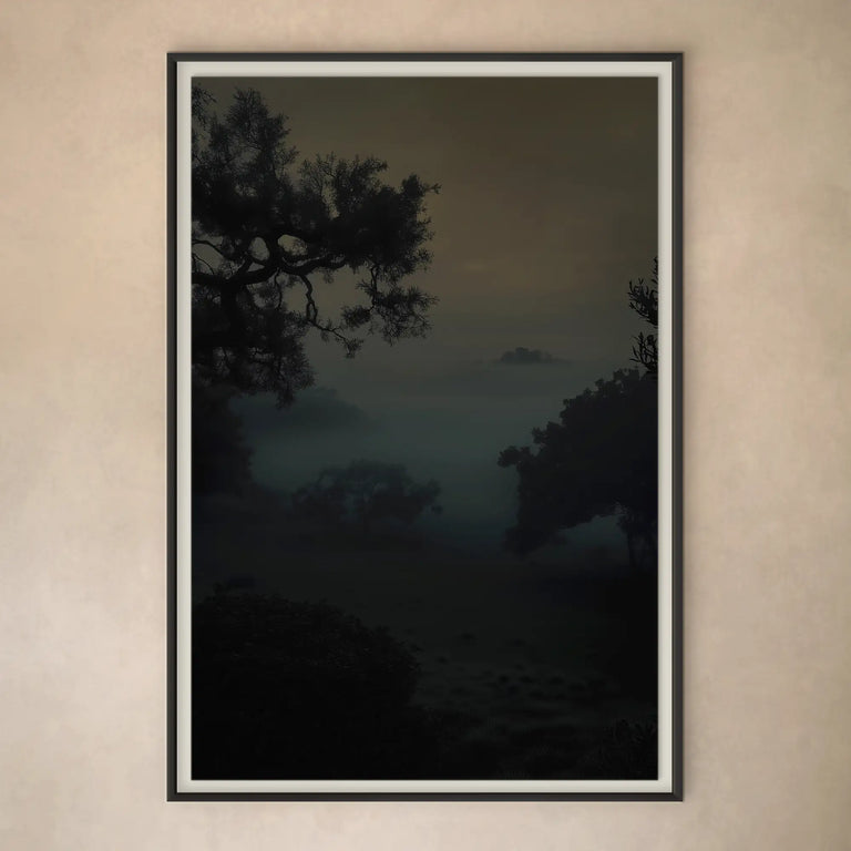 Lemieux et Cie Otaru Limited Edition Art Photograph, atmospheric landscape in muted tones with silhouetted trees, framed print on neutral plaster wall.