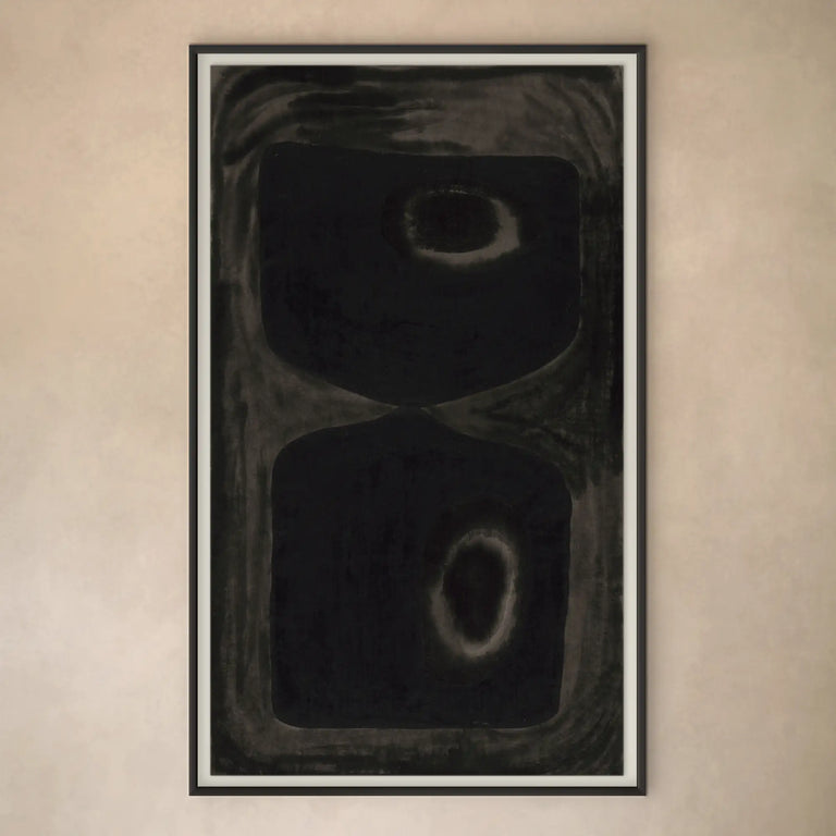 Lemieux et Cie Pierre Emmanuel Martin Limited Edition Print B1, abstract dark geometric artwork with organic forms, framed print on neutral plaster wall.