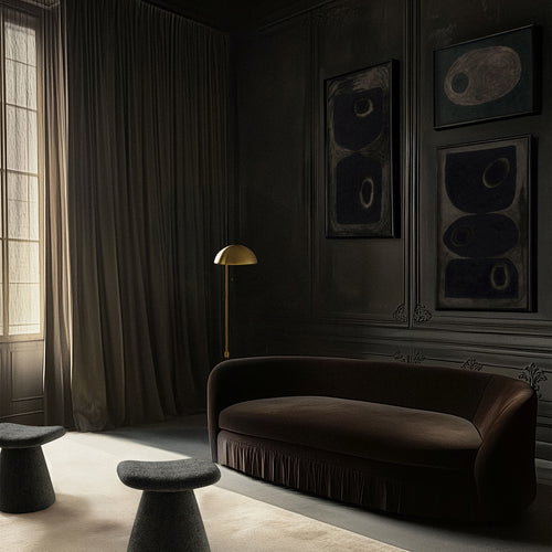 Lemieux et Cie Pierre Emmanuel Martin Limited Edition Print A2, abstract circular motif in charcoal tones, displayed in a moody sitting room with dark walls and brass floor lamp.