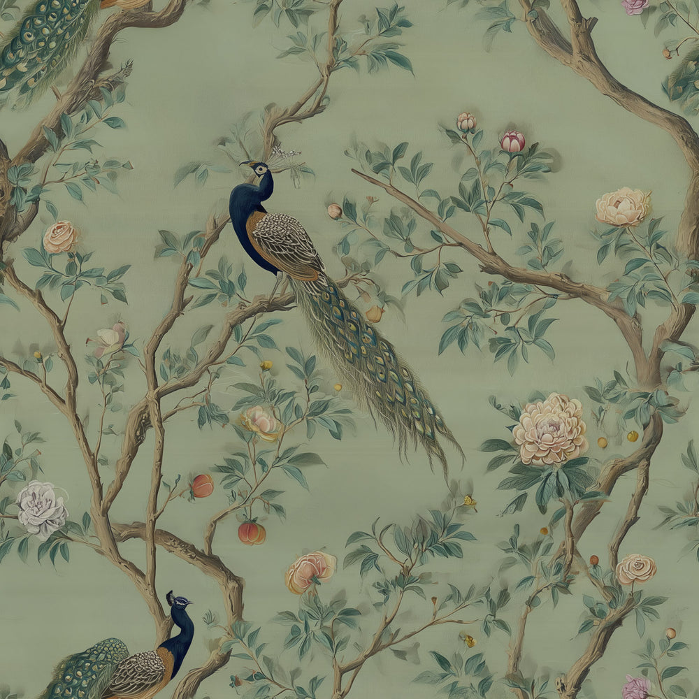 Lemieux et Cie Peacock Plume Wallpaper, hand-painted chinoiserie pattern with peacocks, flowering branches and soft green ground.