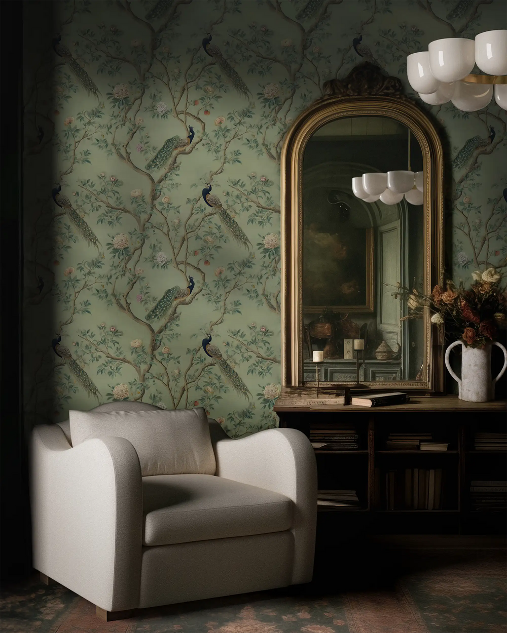 Lemieux et Cie Peacock Plume Wallpaper in sage green with hand-painted peacock motif, shown in sitting room with carved mirror and warm light.