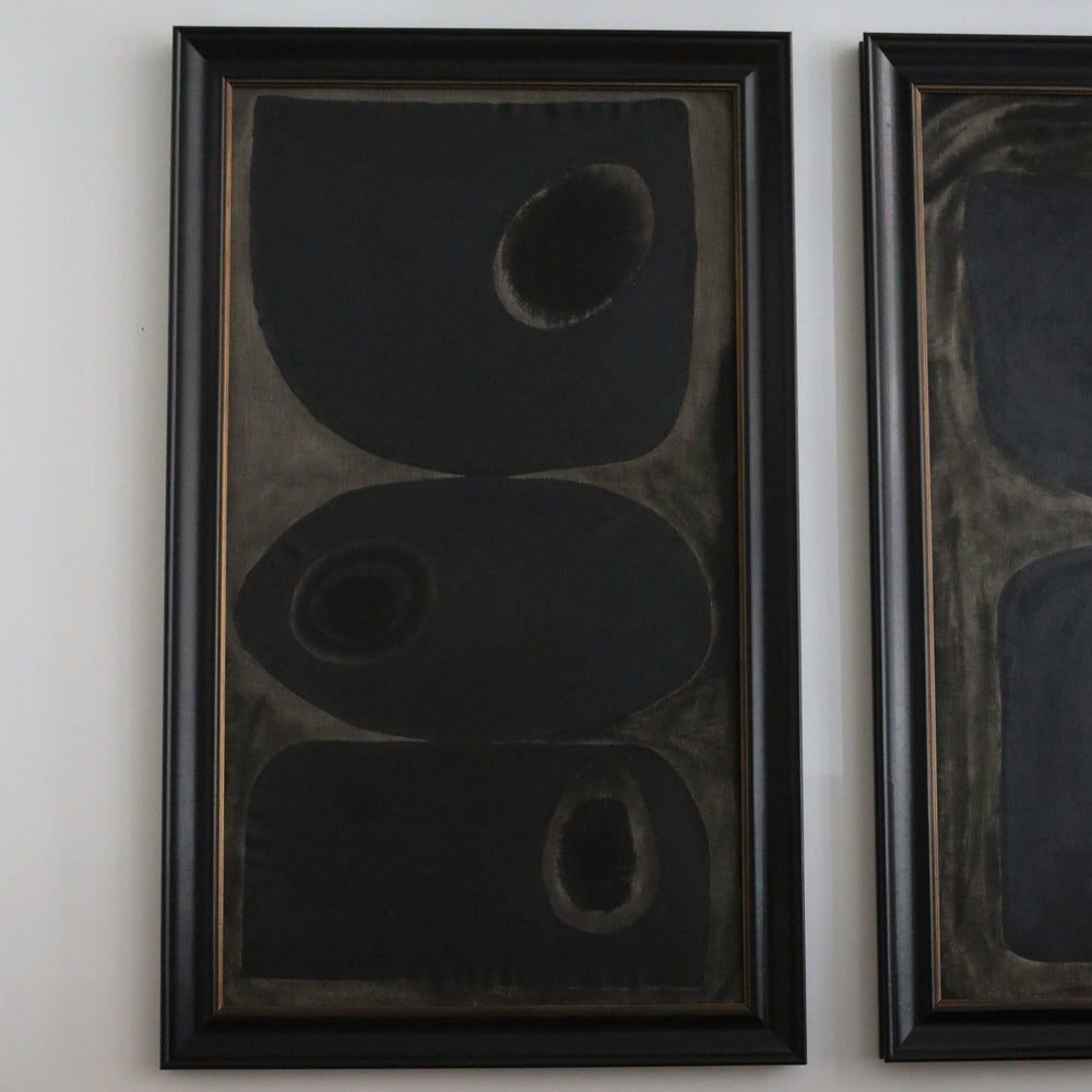 Lemieux et Cie Pierre Emmanuel Martin original oil and mixed media painting in black and earth tones, abstract geometric forms in dark frame on white wall.
