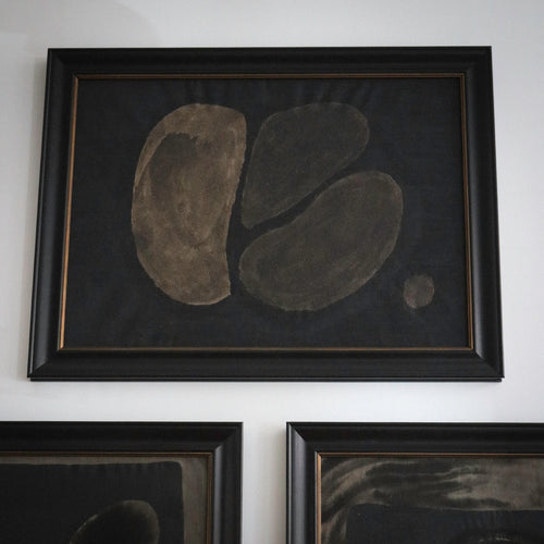 Lemieux et Cie Pierre Emmanuel Martin original oil and mixed media painting, framed abstract composition with organic forms on dark ground, hung on white wall