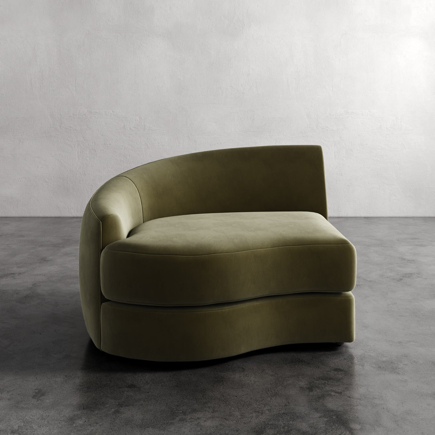 Lemieux Et Cie Rulmann Left Arm Chair Modern olive green sofa against a plain wall