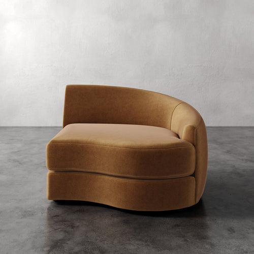Lemieux Et Cie Rulmann Right Arm Chair Brown curved sofa against a plain wall.