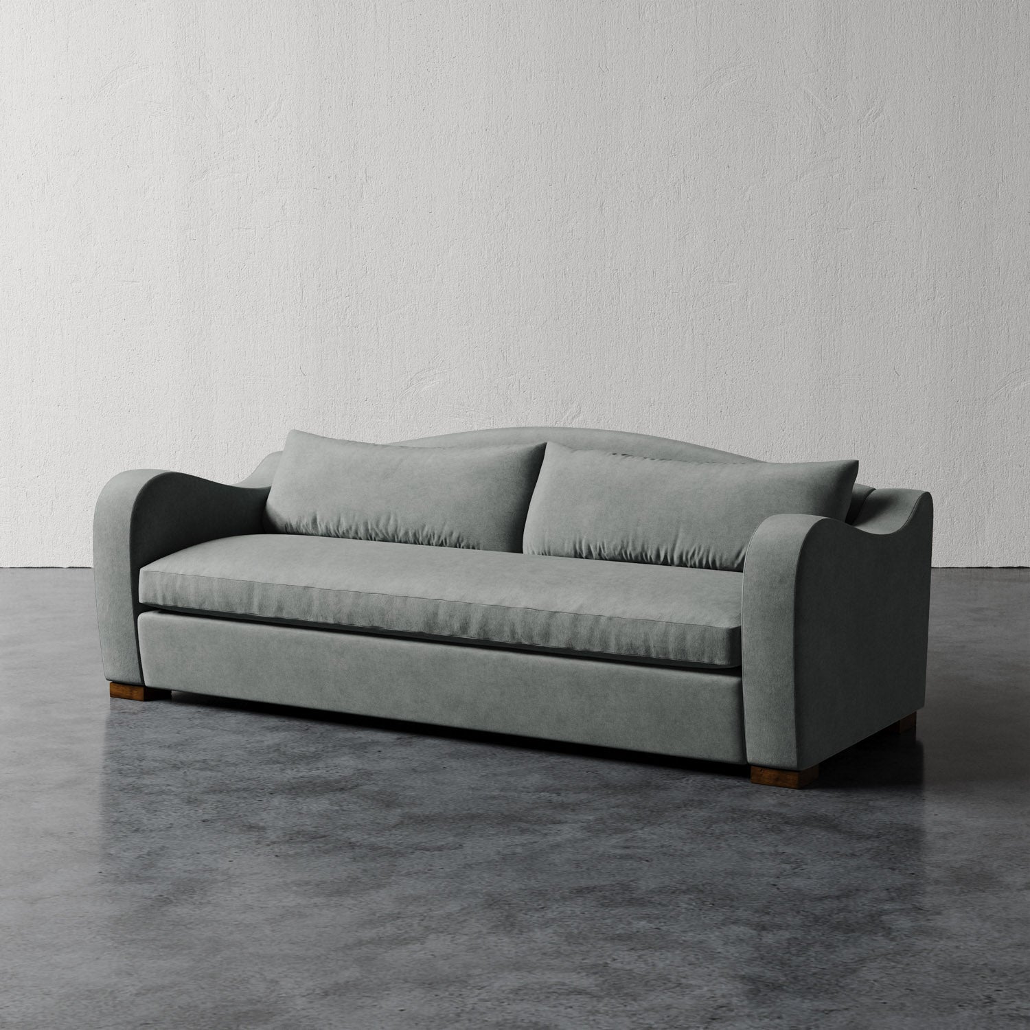 Lemieux Et Cie Elodie Sofa - Bench Seat (Made-to-order) Gray sofa on a gray floor with a white wall background