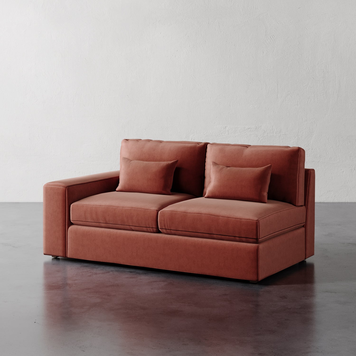 Lemieux Et Cie Lacroix Left or Right Arm Loveseat A dark green Lacroix left or right arm loveseat with two seat cushions and two bolster pillows, set against a neutral background.
