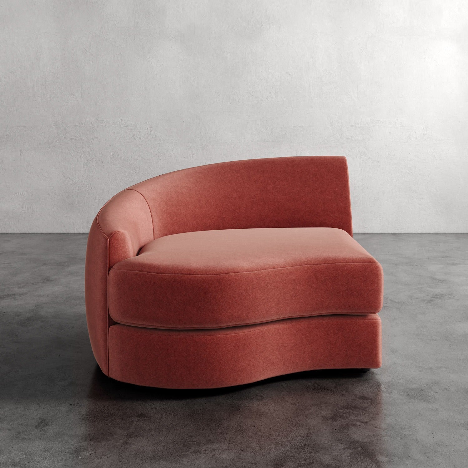 Lemieux Et Cie Rulmann Left Arm Chair Modern pink sofa against a gray wall