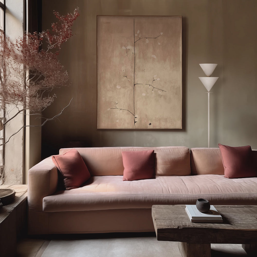 Lemieux et Cie Pétal De Kyoto fine art print in warm tones, gouache charcoal and oil stick artwork, styled in a sitting room with blush sofa and warm plaster walls.