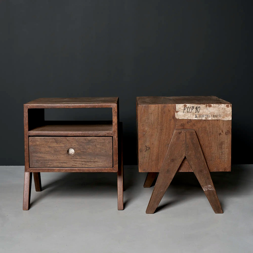 Lemieux et Cie Pierre Jeanneret bedside table in solid teak - the matched pair shown front-on, open shelf above a single drawer, on outward-splayed legs