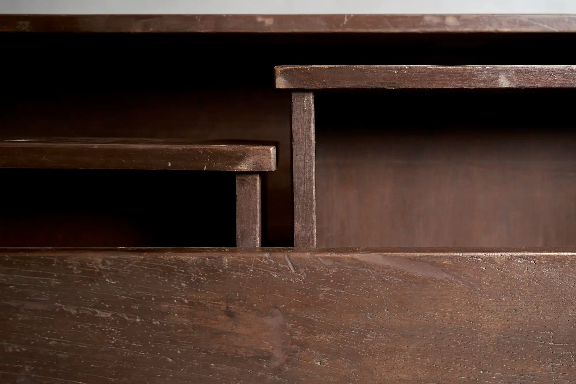 Lemieux et Cie Pierre Jeanneret chest of drawers in solid teak - close-up of the two narrow top drawers, one open