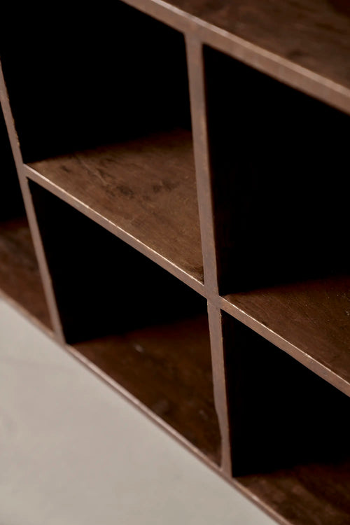 Lemieux et Cie Pierre Jeanneret low bookcase in solid teak - angled close-up along the open teak compartments
