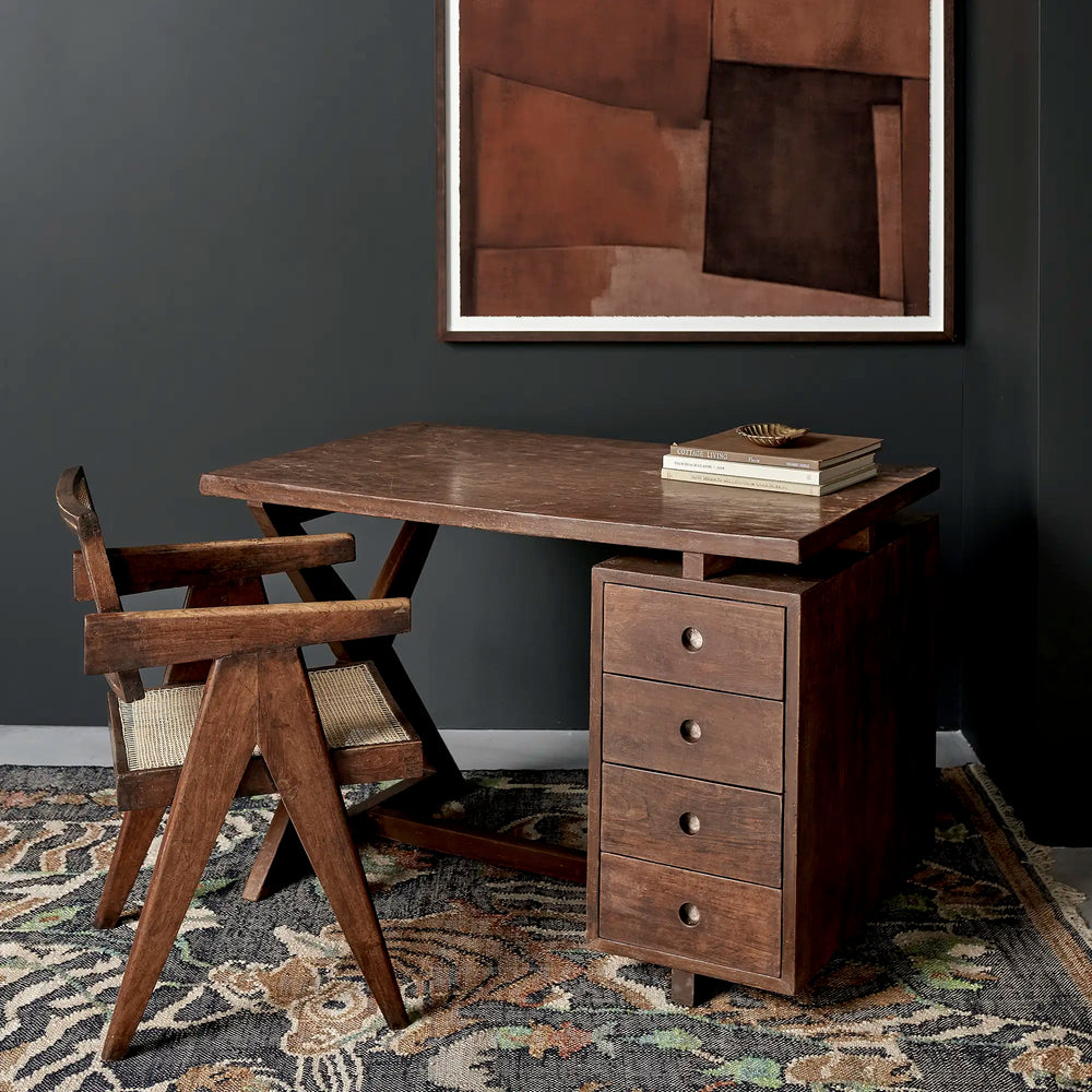 Lemieux et Cie Pierre Jeanneret writing desk in solid teak - styled with a teak armchair and framed art