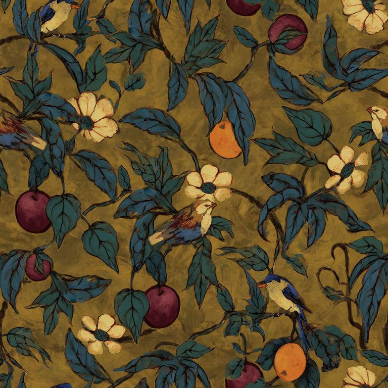 Lemieux et Cie Plum Garden colorful chinoiserie wallpaper peel and stick with fruit and blossoms, expressive chinoiserie mural.