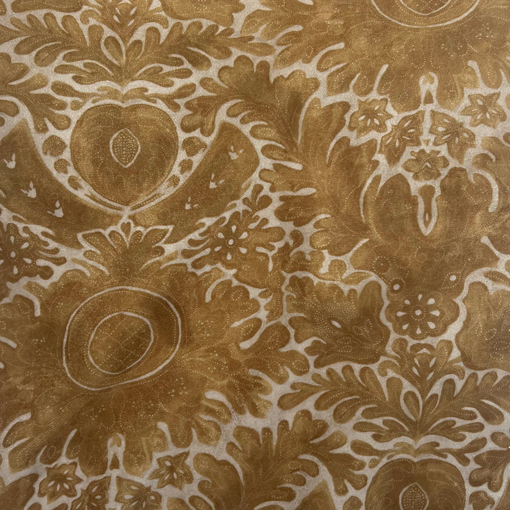 Lemieux et Cie Toile De Rouen Velvet Pillow in Saffron, decorative pillow in golden ochre and ivory performance velvet with scrolling botanical pattern.