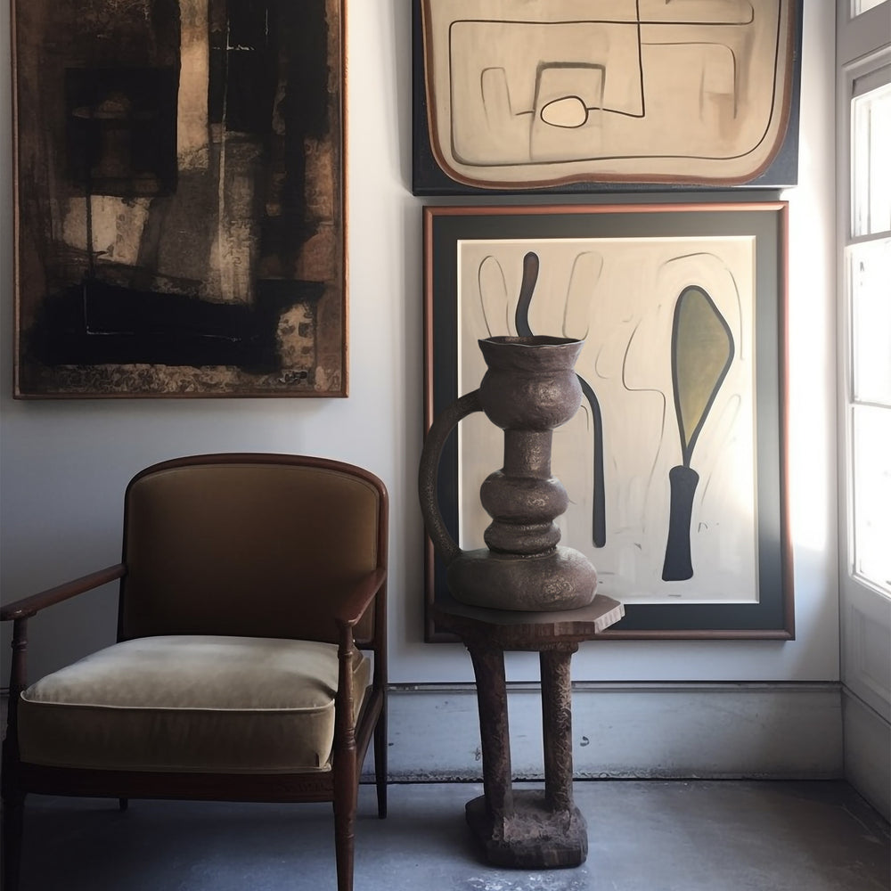 Lemieux et Cie Remi Vase in black handcrafted ceramic, organic sculptural vessel displayed on carved wood stool beside framed art and upholstered chair in white-walled room with concrete floor.