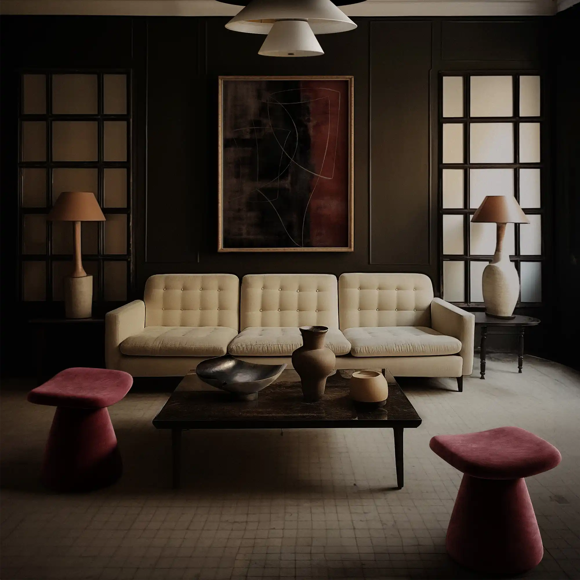 Pair of Romy Ottomans (Performance Velvet Currant) at 14 Crosby