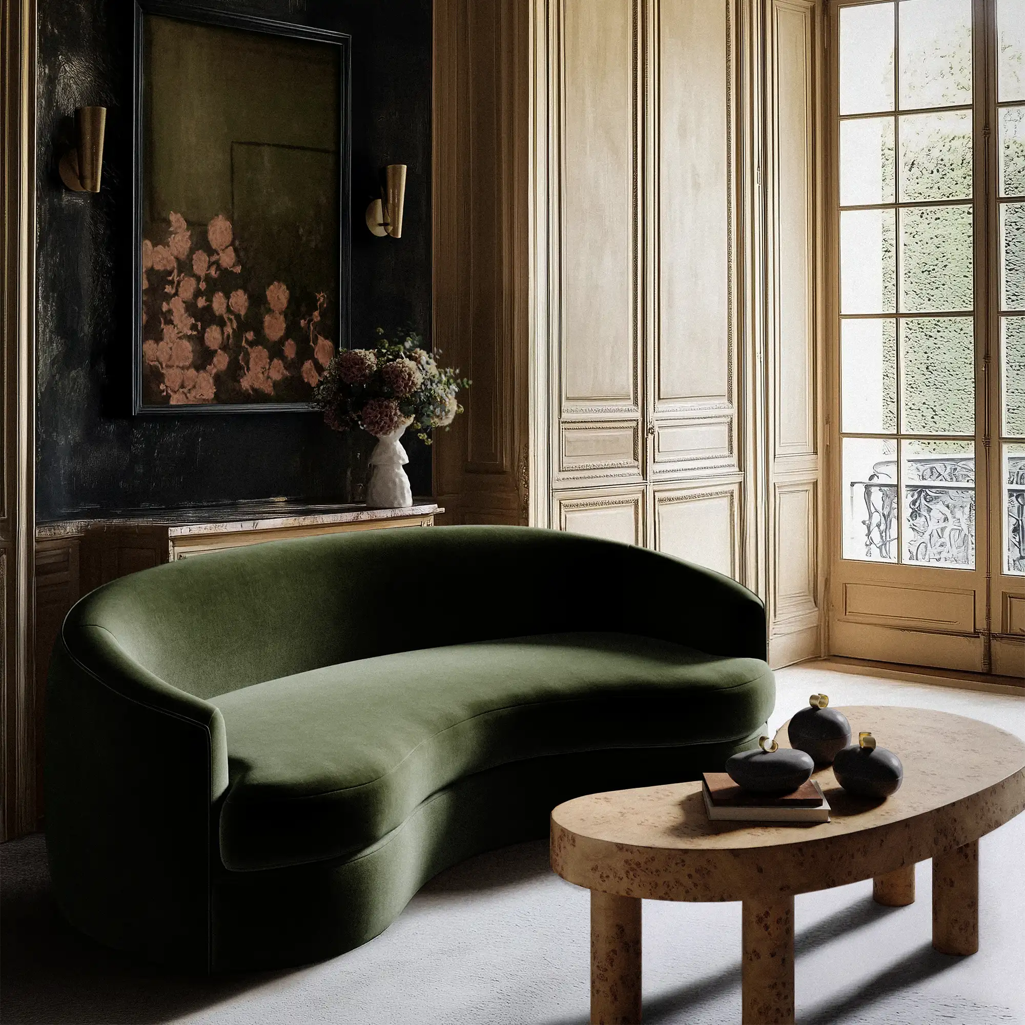Lemieux et Cie Rulmann Sofa in deep green, curved sculptural sofa, shown in a Parisian sitting room with paneled doors and dark walls.