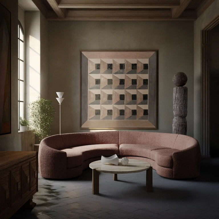 Lemieux Et Cie Rulmann 4-Piece Left Sectional Rulmann4 pc voltaire aline marius bubble andretotem cornet lescubes Modern living room with a curved sofa, round coffee table, and geometric wall art.