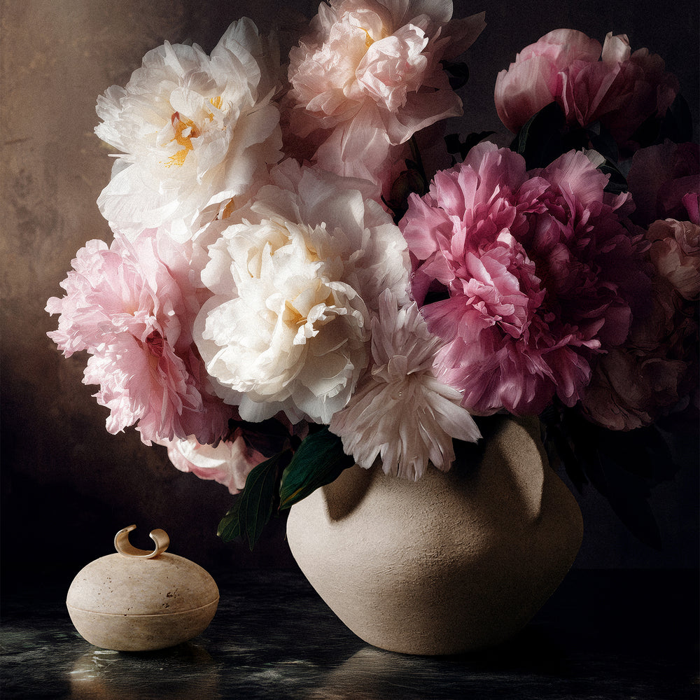 Lemieux et Cie Caillou Lidded Pot in travertine, sculptural rounded vessel with curved handle, styled with pale pink peonies against dark backdrop.