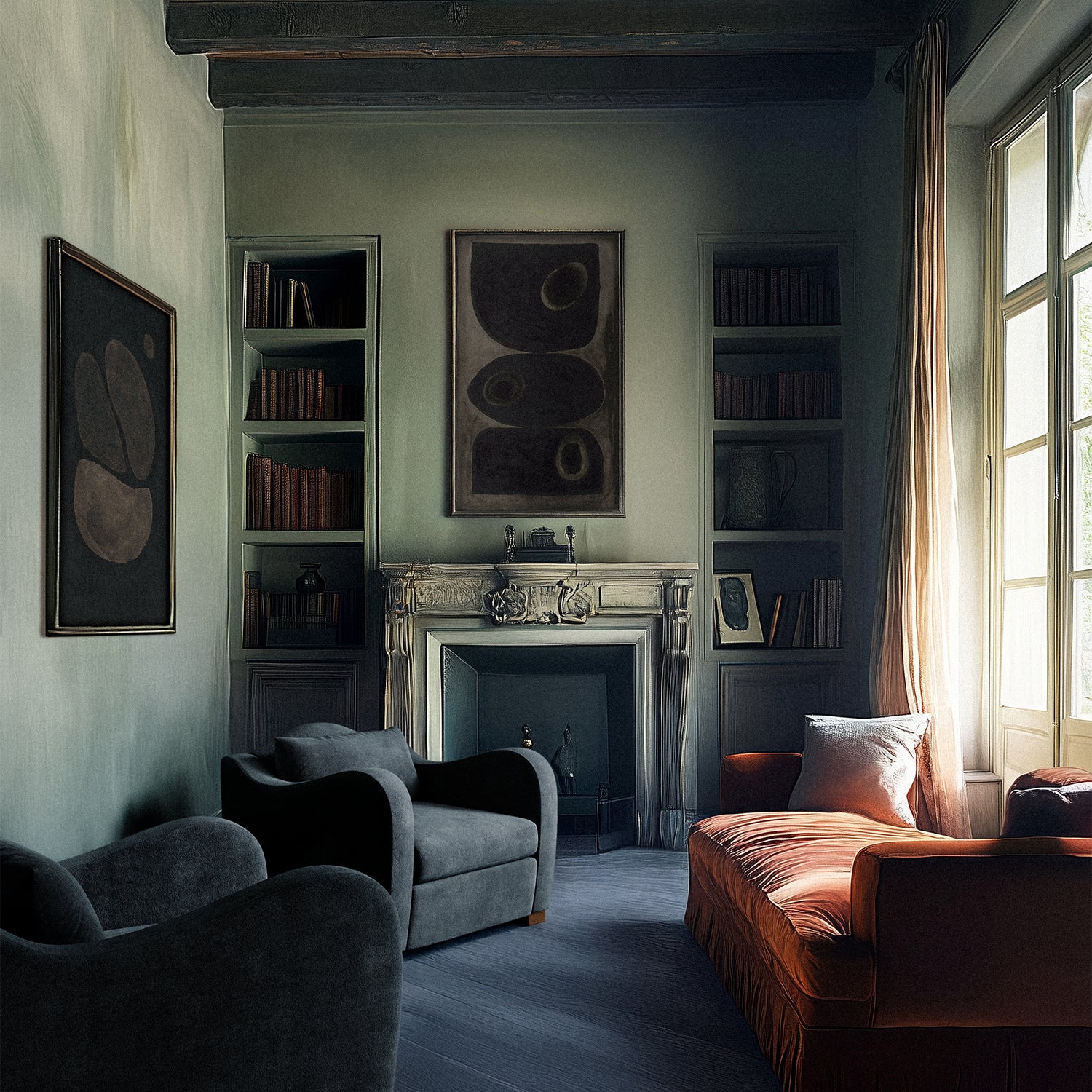Lemieux et Cie Pierre Emmanuel Martin Limited Edition Print A1, fine art print with organic circular forms, hung above a carved mantel in a sitting room with dark wood floors and tall windows.