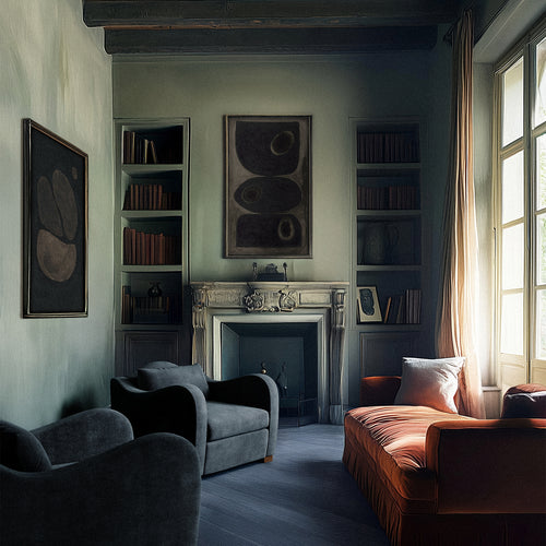 Lemieux et Cie Pierre Emmanuel Martin Limited Edition Print A1, fine art print with organic circular forms, hung above a carved mantel in a sitting room with dark wood floors and tall windows.