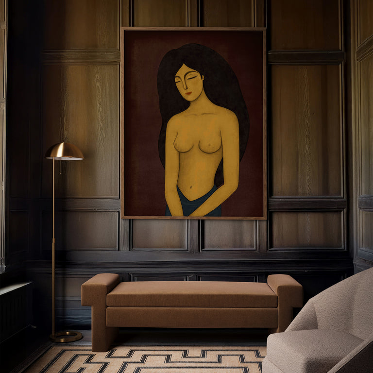 Lemieux et Cie Les Femmes Trois limited edition art print on warm rust and golden tones, displayed above tan upholstered bench in wood-paneled sitting room with floor lamp.