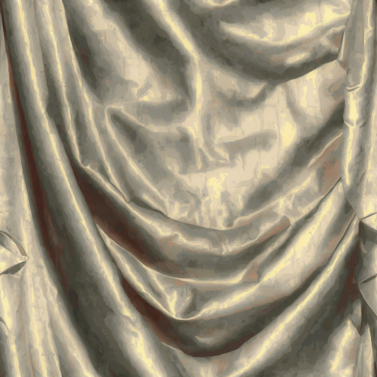 Lemieux et Cie Draped 3D fabric effect modern chinoiserie wallpaper with gold iridescent silk drapery, chinoiserie mural design.