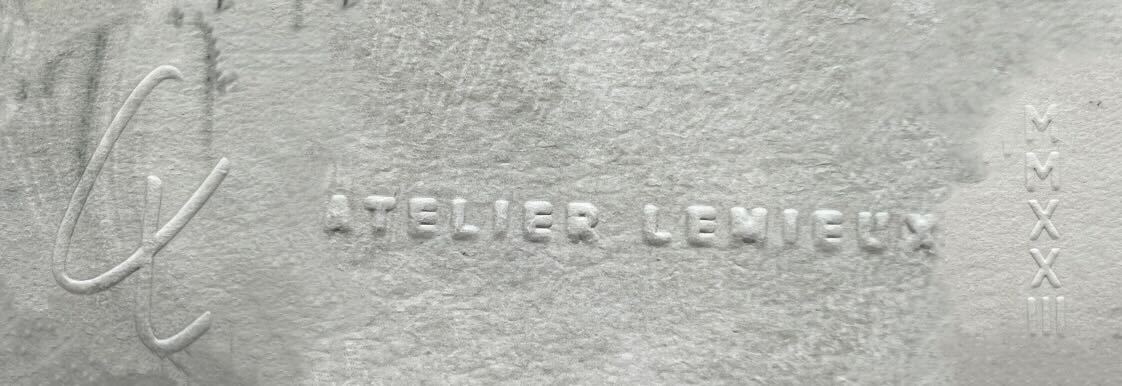 Lemieux et Cie Brouillard 1 fine art print, detail of embossed Atelier Lemieux signature and symbols on textured paper surface.