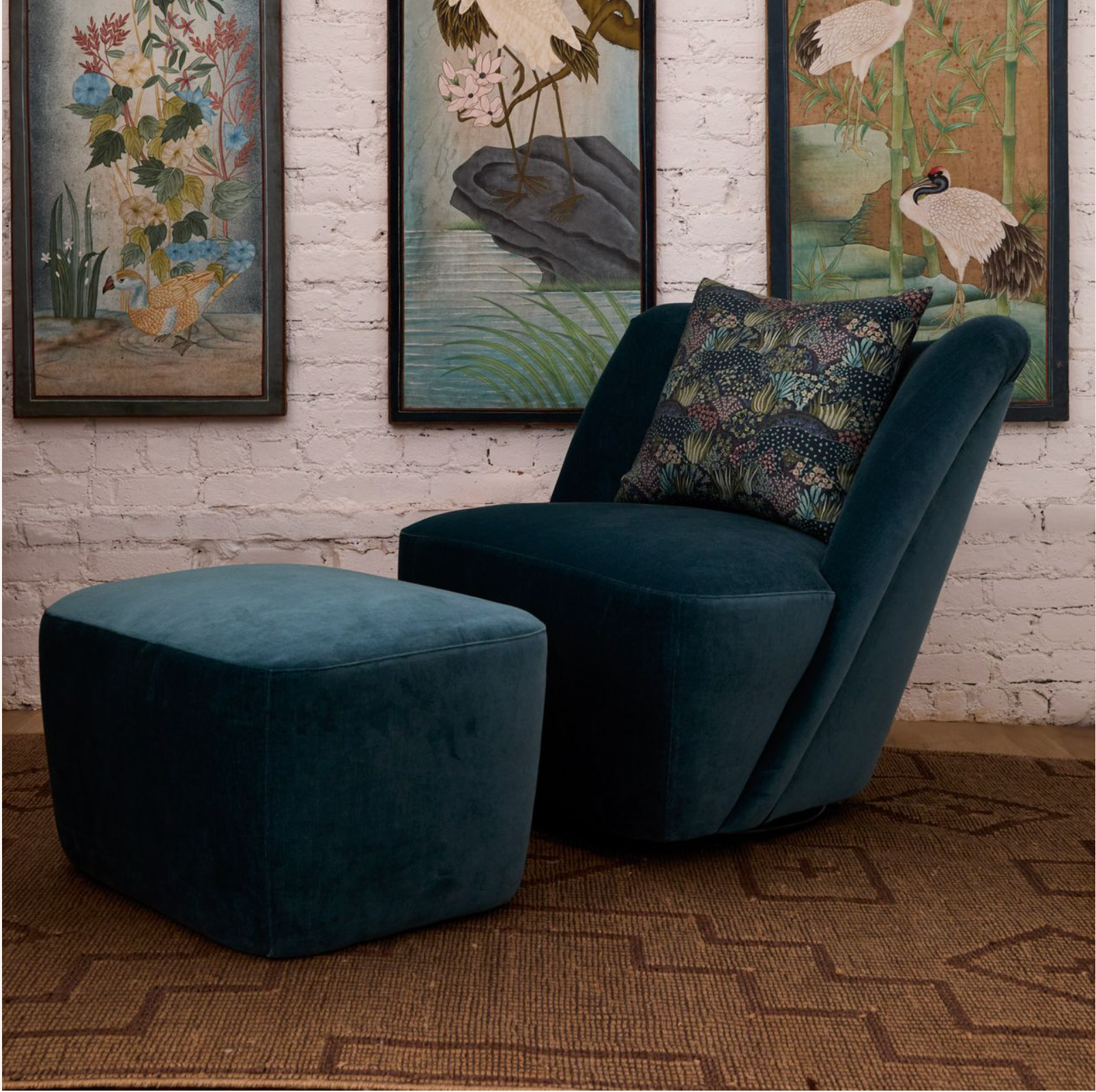Aurélie Swivel Chair & Ottoman (in Striated Velvet Teal) at 14 Crosby