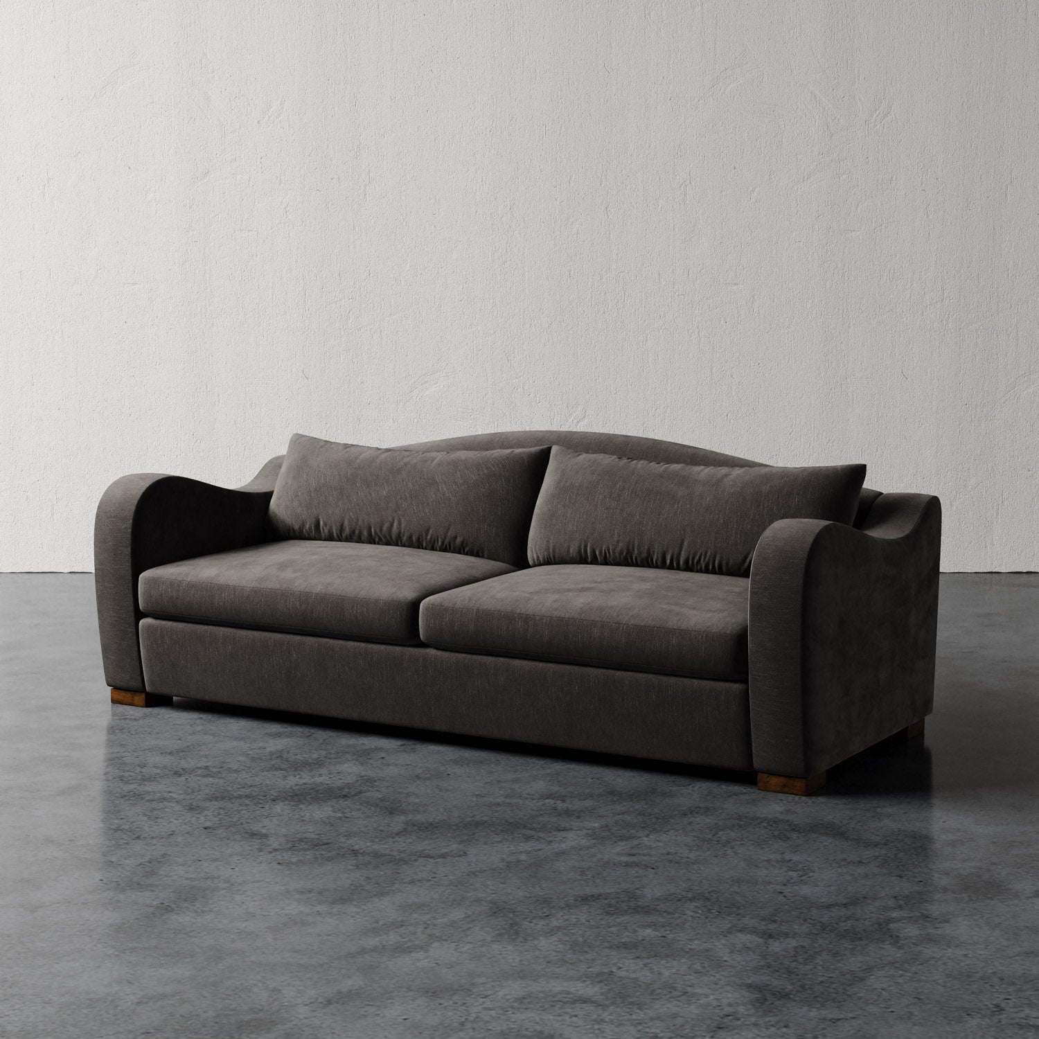 Lemieux Et Cie Elodie Sofa (Made-to-order) Gray sofa on a dark floor with a light gray wall background