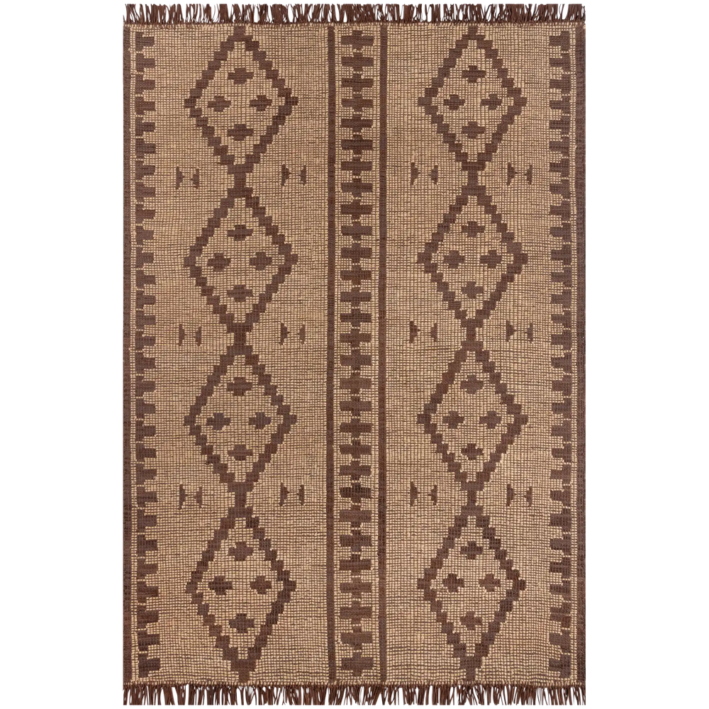 Lemieux et Cie Tugart Dagana Rug in tan and brown handwoven jute and leather, geometric diamond pattern rug with leather fringe on white backdrop.