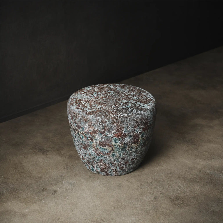 Taiko Stool / End Table by Lemieux et Cie in Oxidized Jade reactive glaze with rounded form and aged-metal green and oxblood tones.