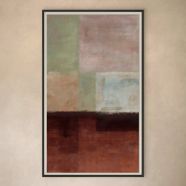 Lemieux et Cie Terroir Cubiste Limited Edition Art Print, abstract composition in burnt umber, clay and leafy green, framed in slim dark frame on warm neutral wall.