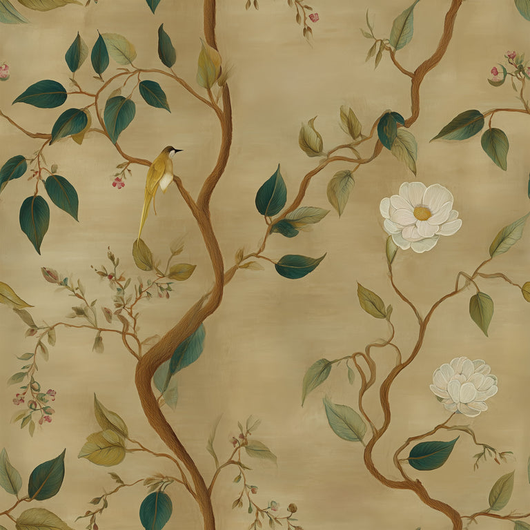 Lemieux et Cie Treillage Gold luxury gold chinoiserie wallpaper with garden motifs, designer chinoiserie wallpaper peel and stick