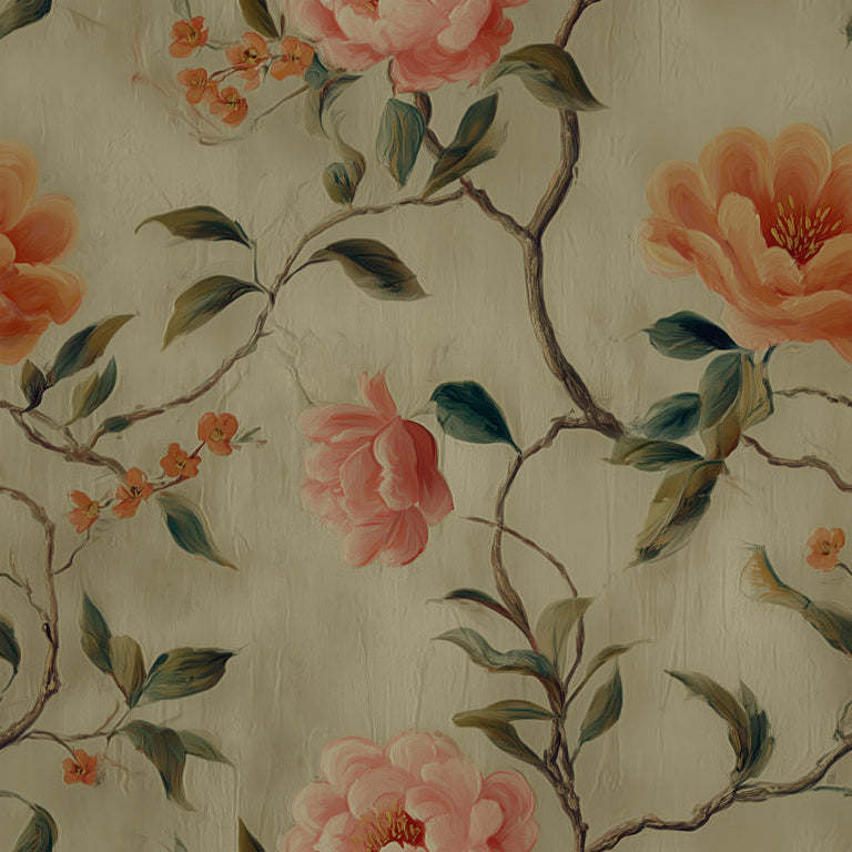 Lemieux et Cie Trellis Bloom coral and green chinoiserie peel and stick wallpaper with patinated finish, antique inspired chinoiserie wallpaper.