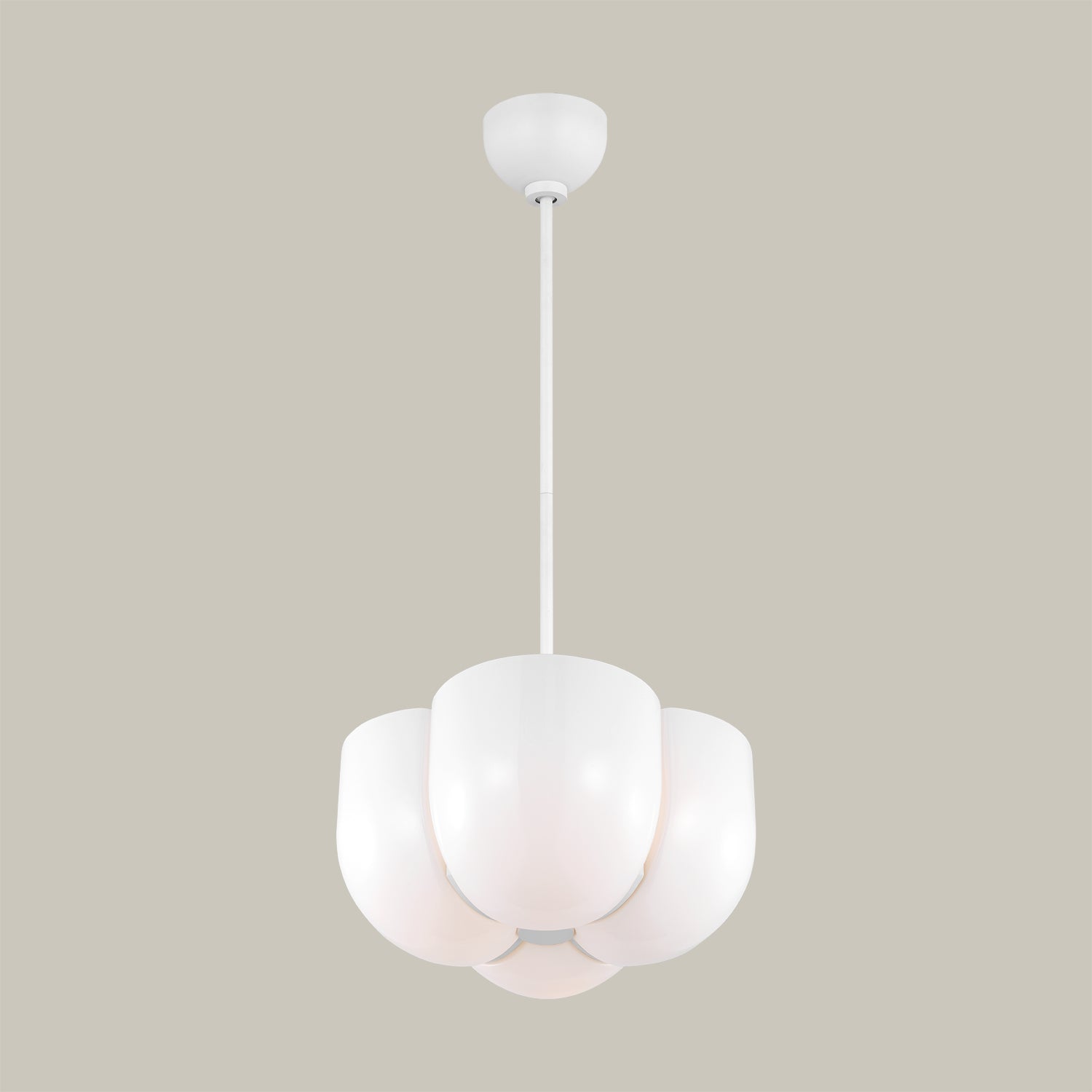 Lemieux et Cie Cheverny Large Pendant, a designer lighting fixture with four white milk glass shades, shown at an angle with a central matte white stem.