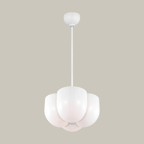 Lemieux et Cie Cheverny Large Pendant, a designer lighting fixture with four white milk glass shades, shown at an angle with a central matte white stem.