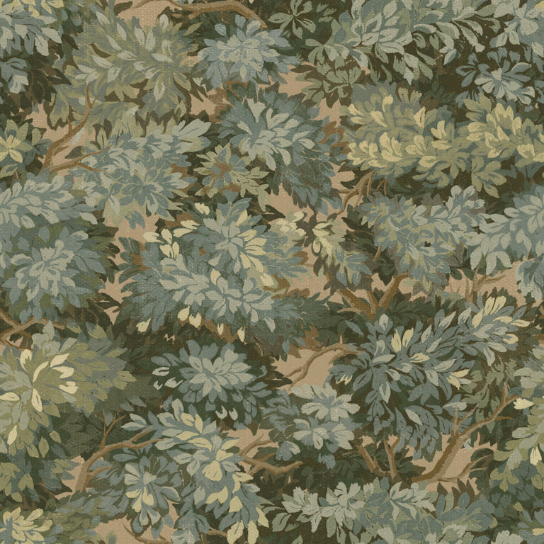 Lemieux et Cie Verdure green chinoiserie mural with woodland foliage, French tapestry inspired chinoiserie wallpaper peel and stick.