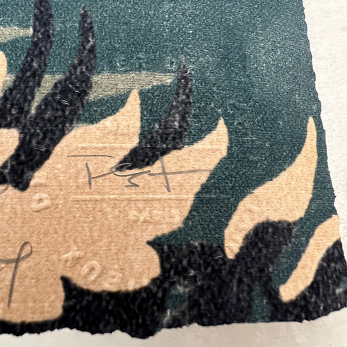 Lemieux et Cie Milo Ottoman in teal and sand abstract pattern, modular seating component shown as detail closeup on white surface.