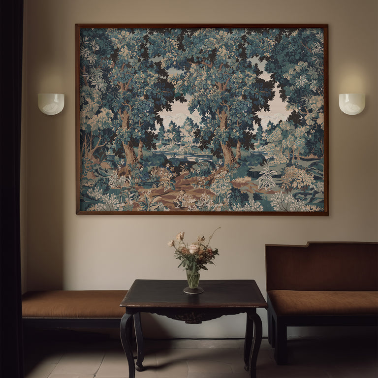 Lemieux et Cie Milo Ottoman in tan leather, low square bench with curved legs, flanked by matching seating beneath framed tapestry on neutral walls.