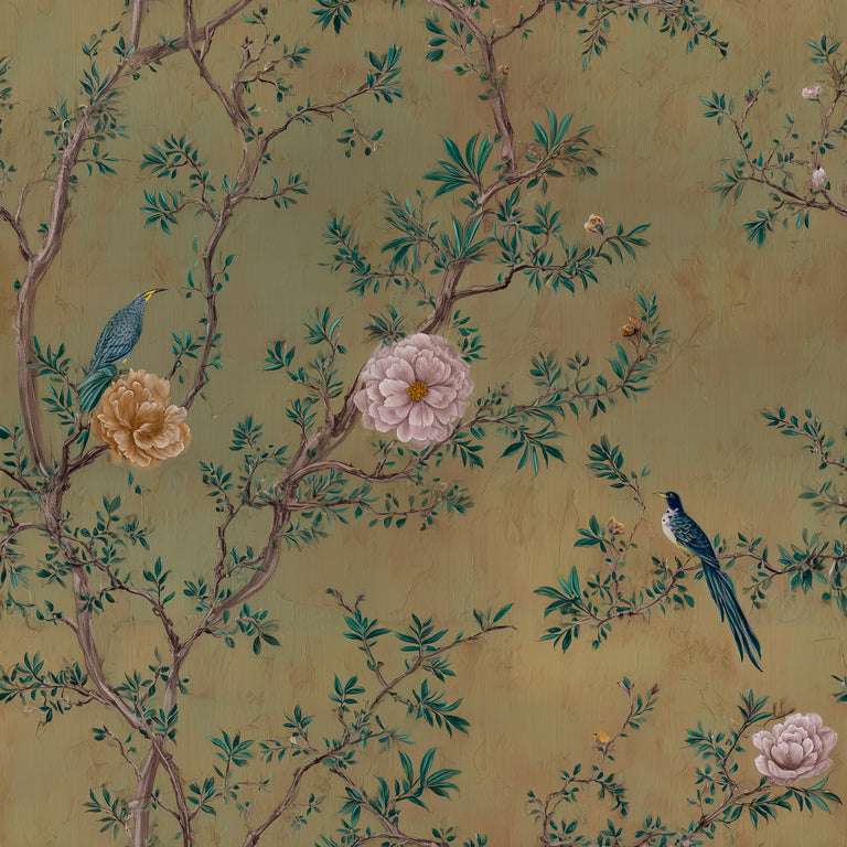 Lemieux et Cie Vertivier blue-green chinoiserie wallpaper with branches and peonies, tranquil asian inspired wallpaper design.