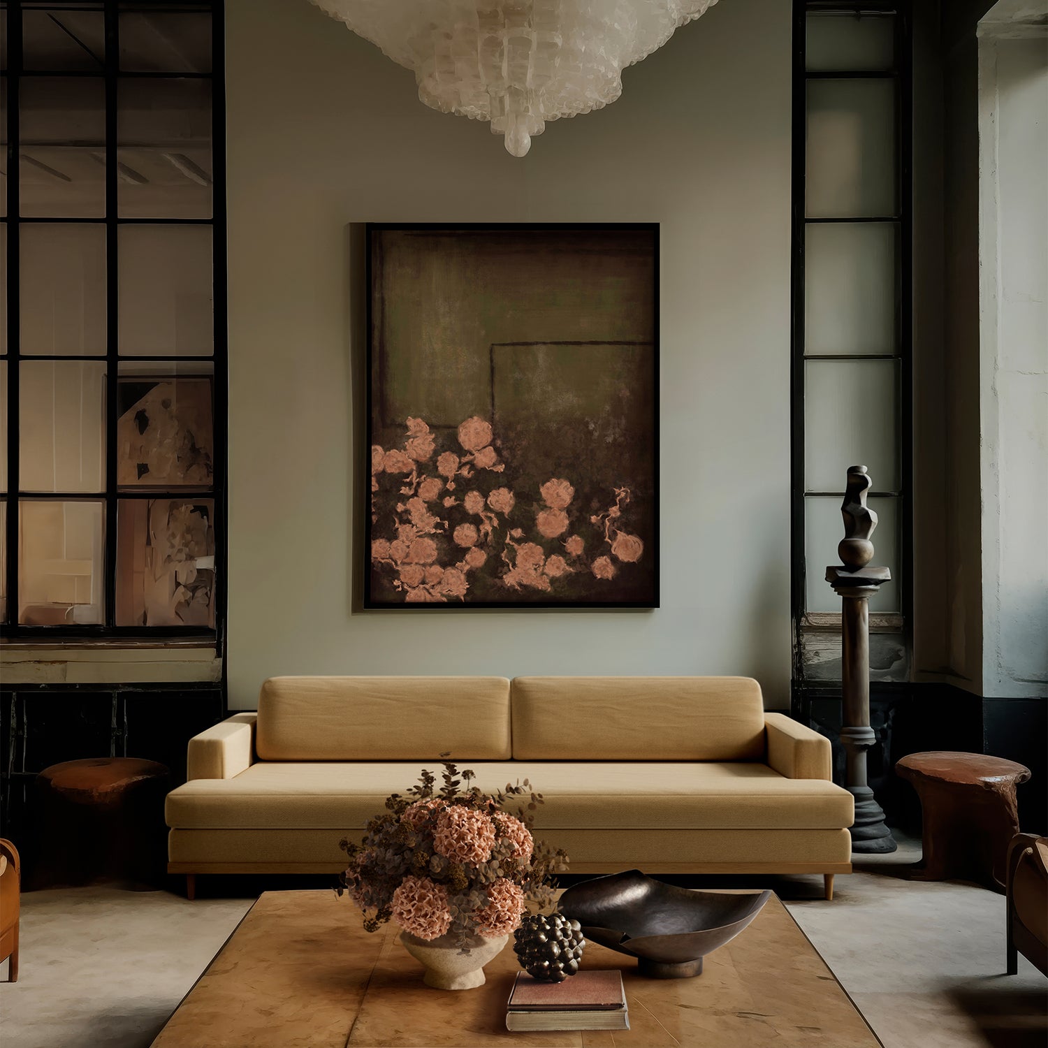 Lemieux et Cie Les Femmes Un fine art print in warm neutral tones, framed artwork above a cream sofa in a room with steel casement windows and stone flooring.