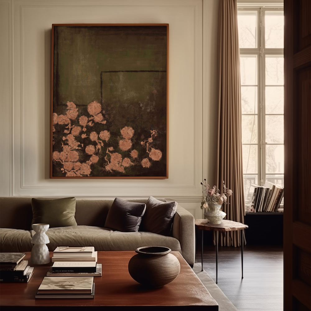 Lemieux et Cie Les Femmes Un fine art print in warm frame, hung above a sofa in a sitting room with paneled walls and stone floors.