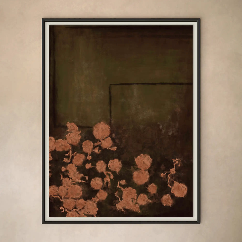 Lemieux et Cie Les Femmes Un fine art print depicting blush roses against dark ground, framed artwork hung on neutral plaster wall.